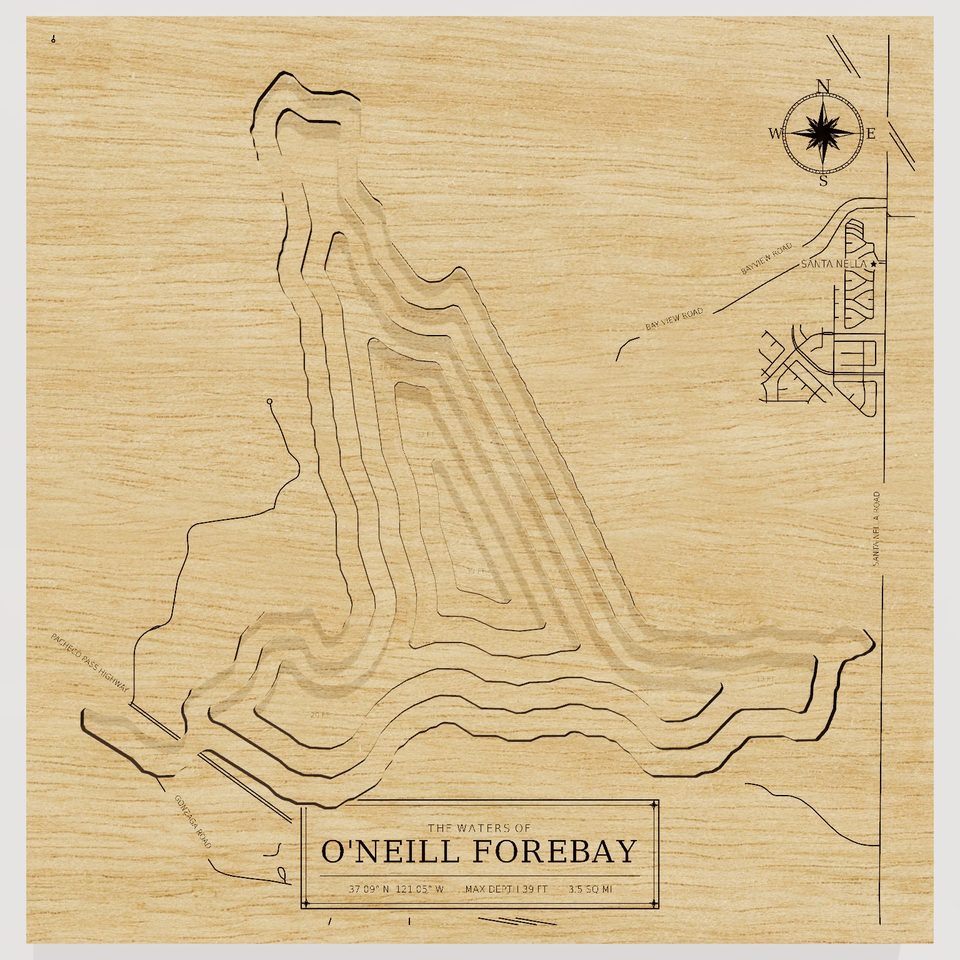O'Neill Forebay 3D wood map, front view