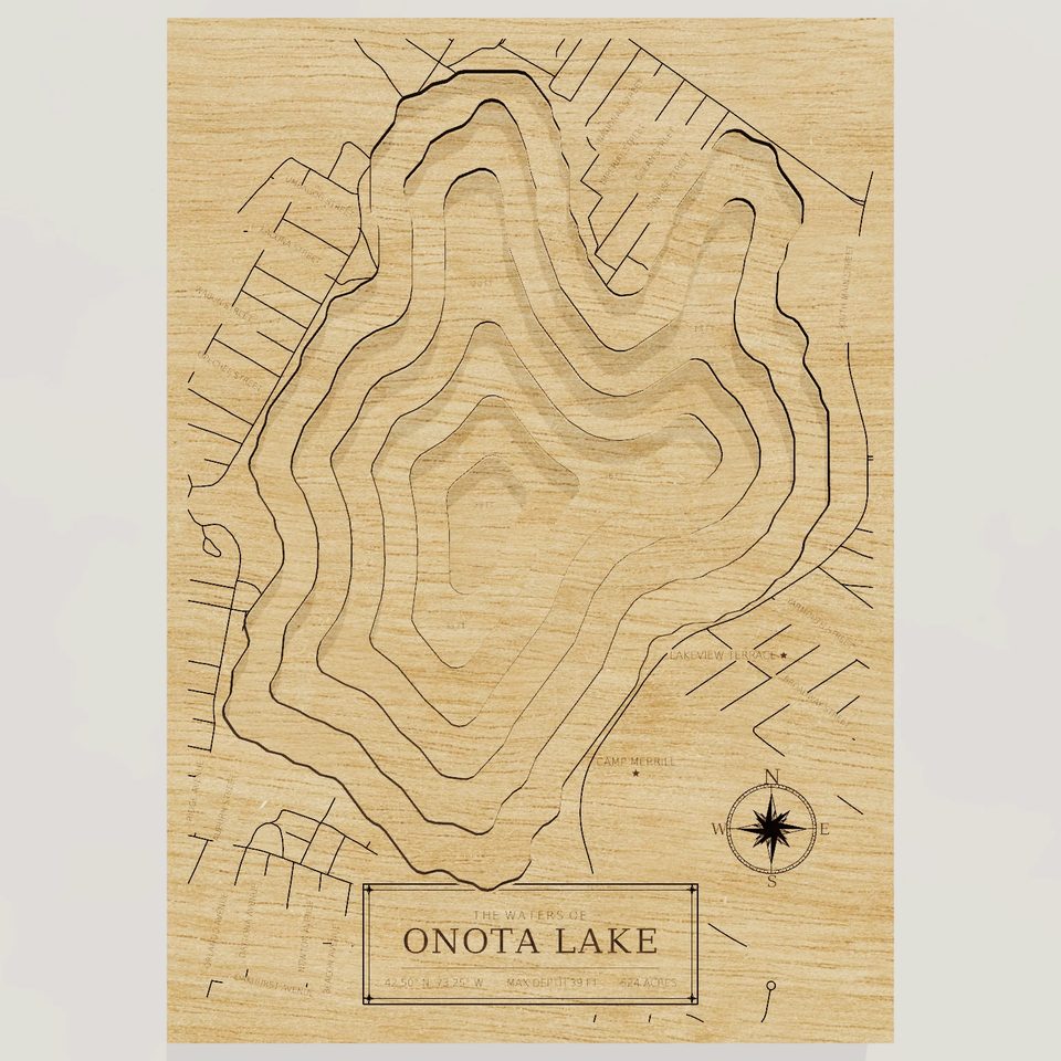 Onota Lake 3D wood map, front view