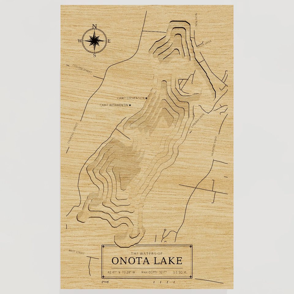 Onota Lake 3D wood map, front view