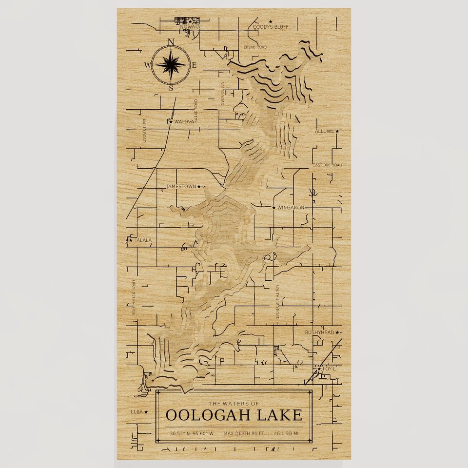Oologah Lake 3D wood map, front view