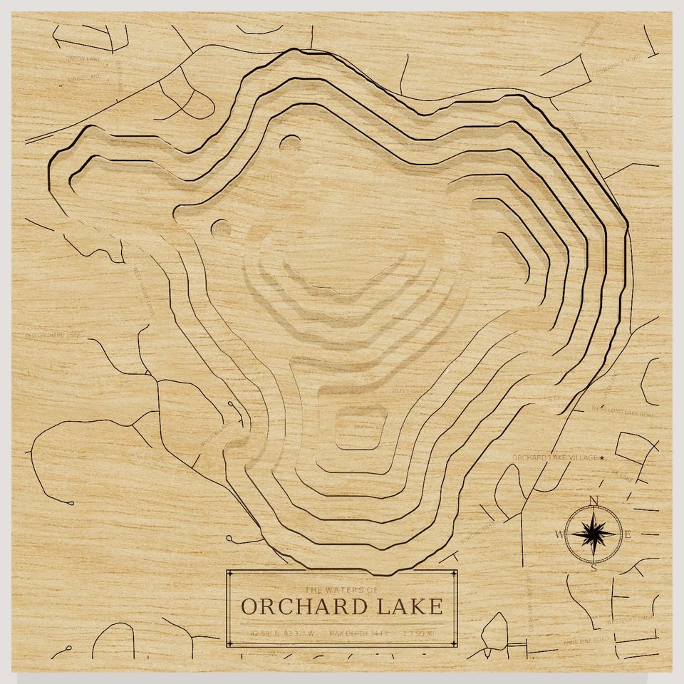 Orchard Lake 3D wood map, front view