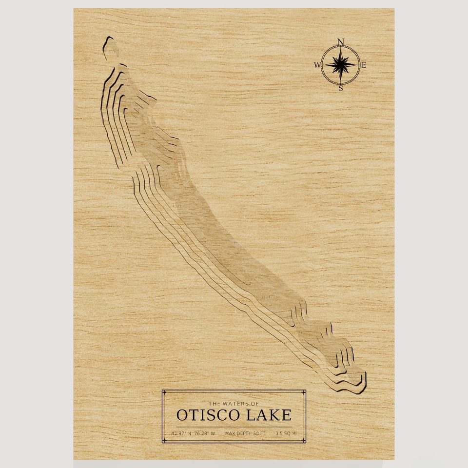 Otisco Lake 3D wood map, front view