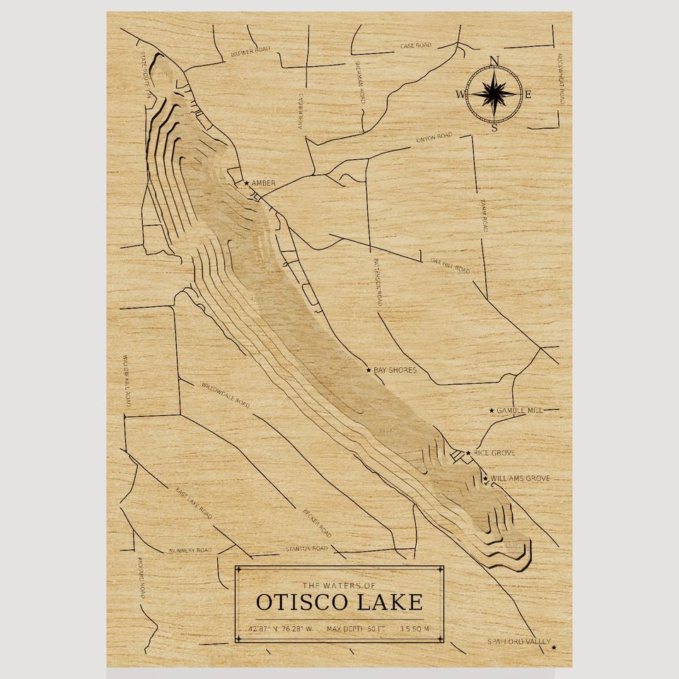 Otisco Lake 3D wood map, front view