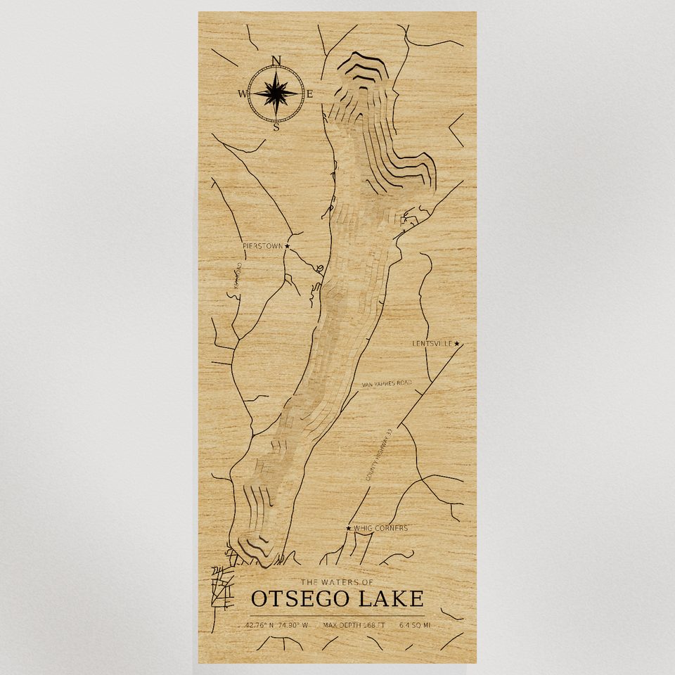 Otsego Lake 3D wood map, front view