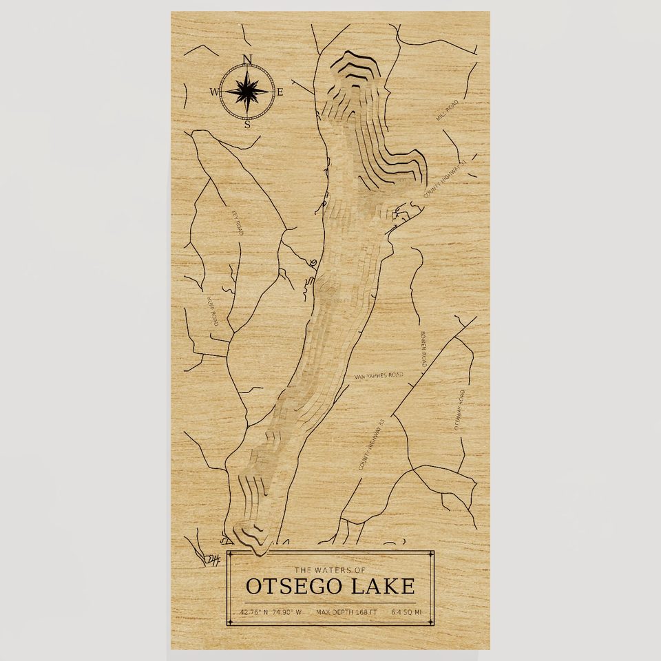 Otsego Lake 3D wood map, front view