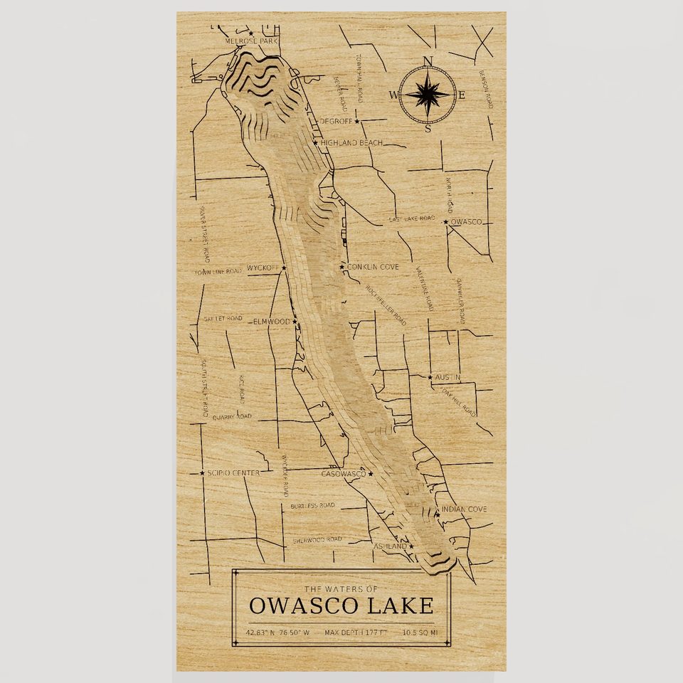 Owasco Lake 3D wood map, front view