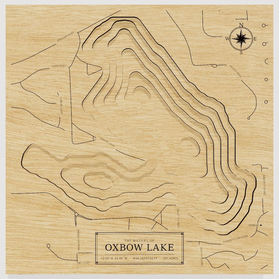 Oxbow Lake 3D wood map, front view