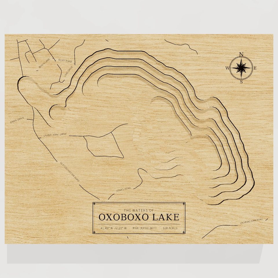 Oxoboxo Lake 3D wood map, front view