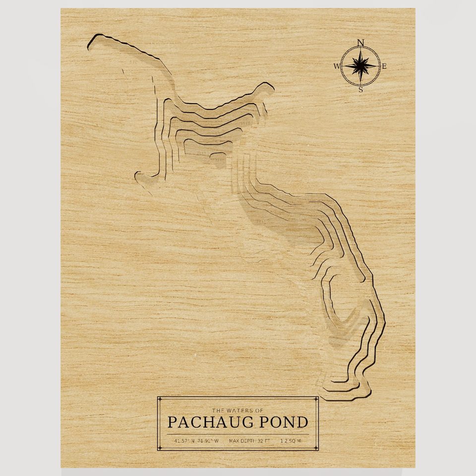 Pachaug Pond 3D wood map, front view