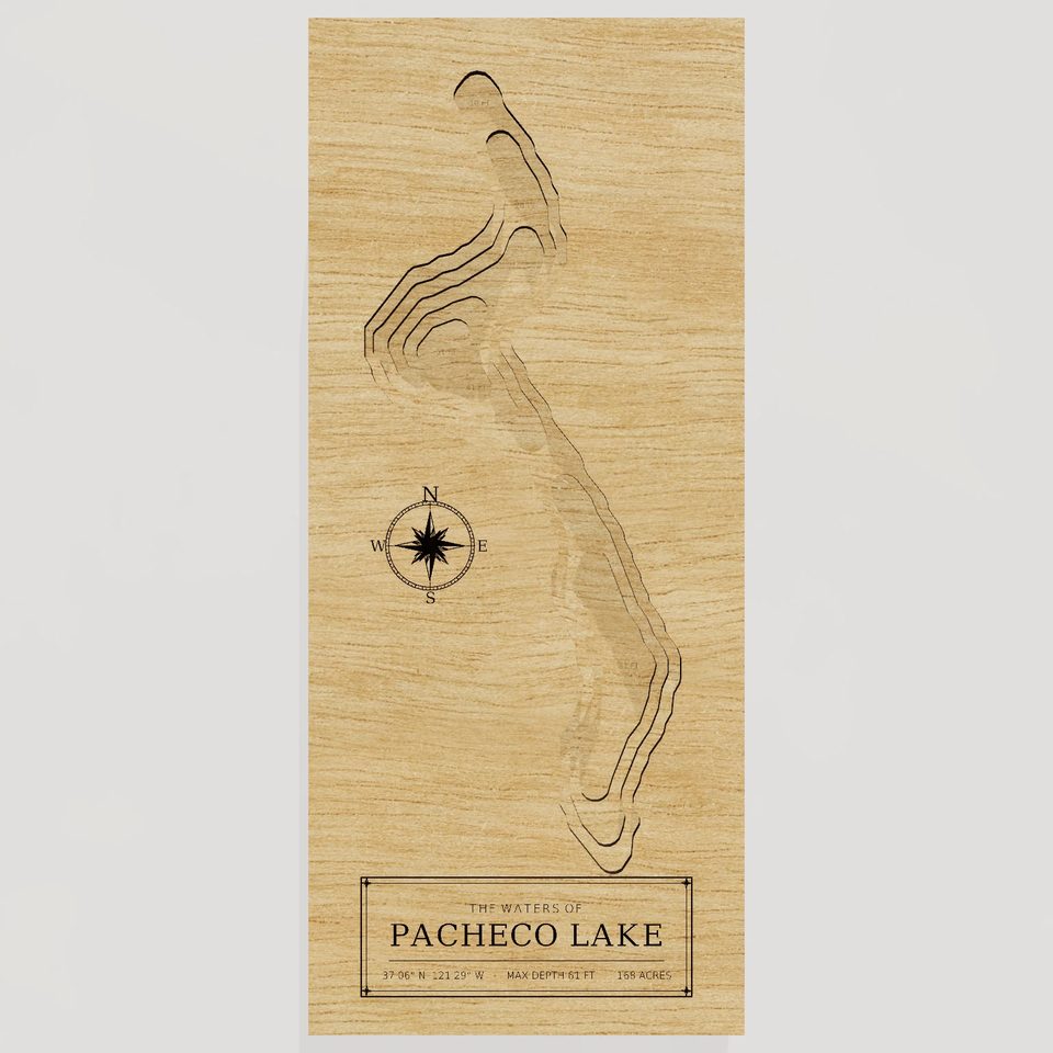 Pacheco Lake 3D wood map, front view