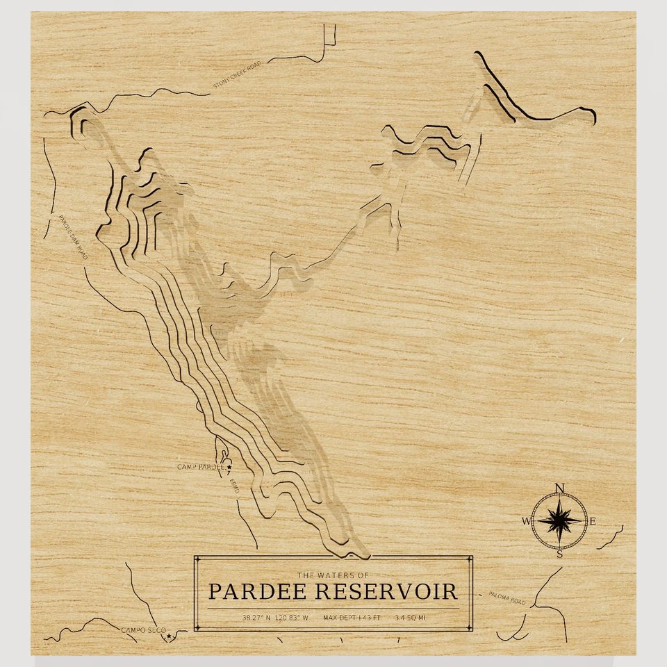 Pardee Reservoir 3D wood map, front view