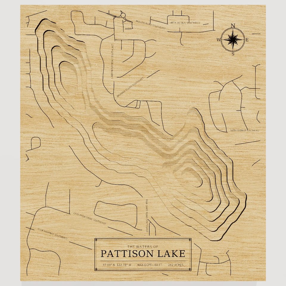 Pattison Lake 3D wood map, front view