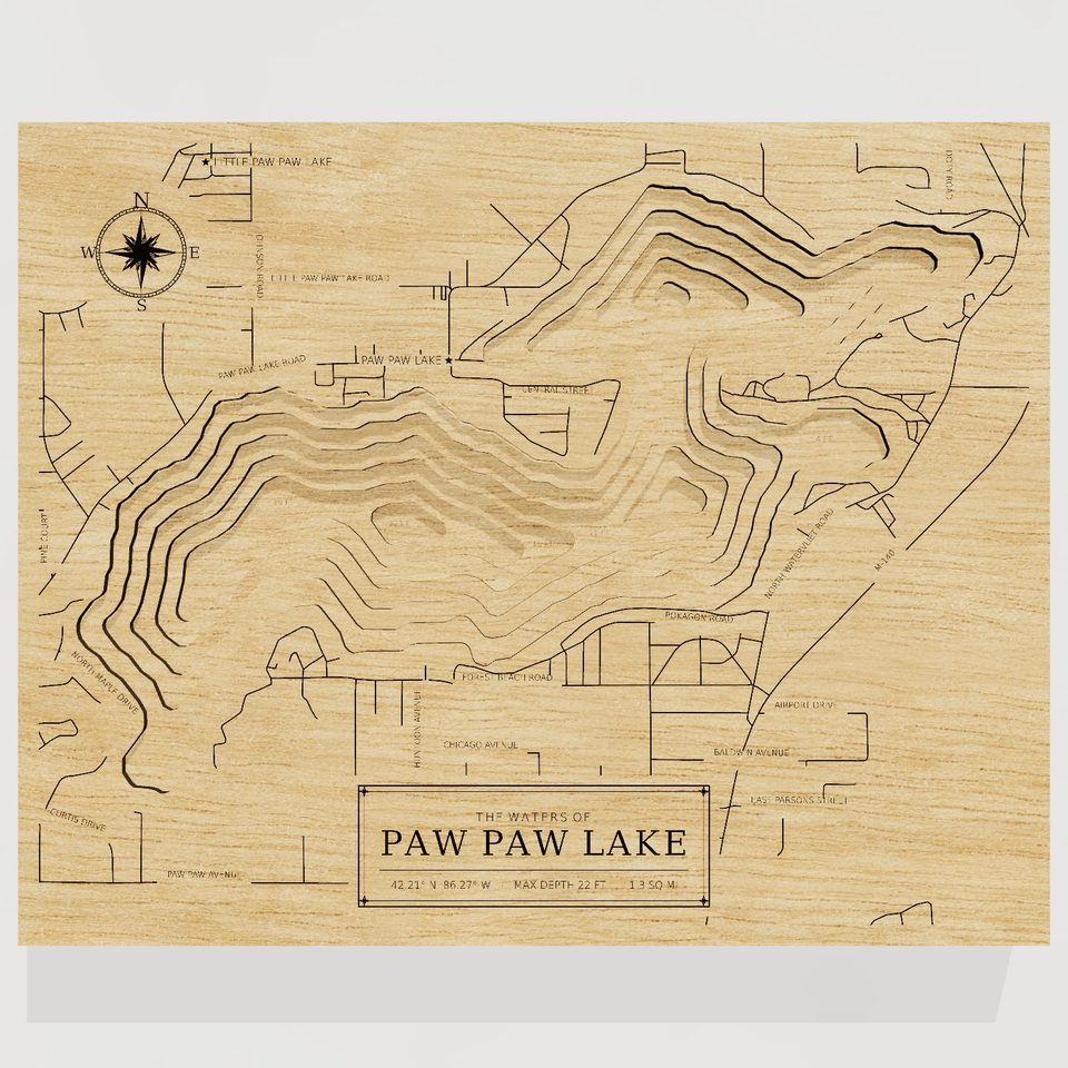 Paw Paw Lake 3D wood map, front view