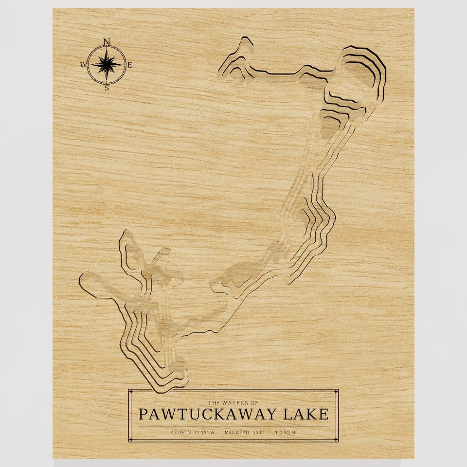 Pawtuckaway Lake 3D wood map, front view