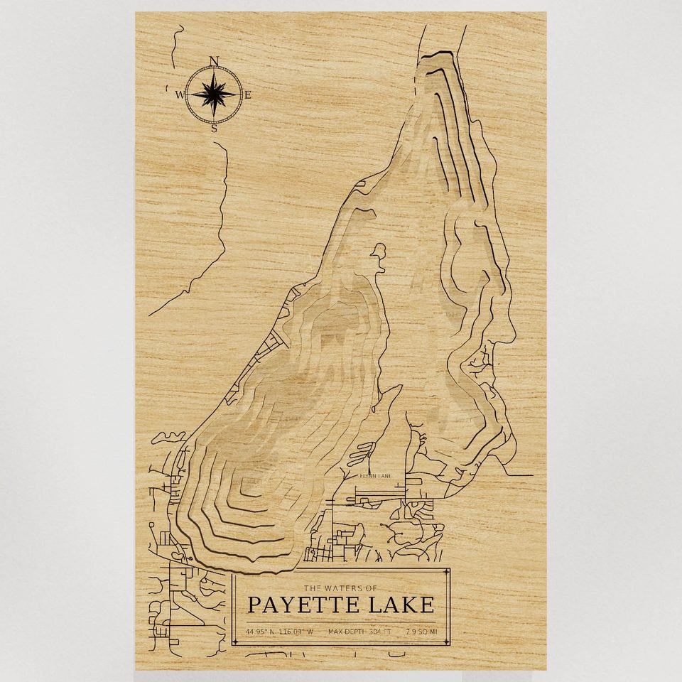 Payette Lake 3D wood map, front view