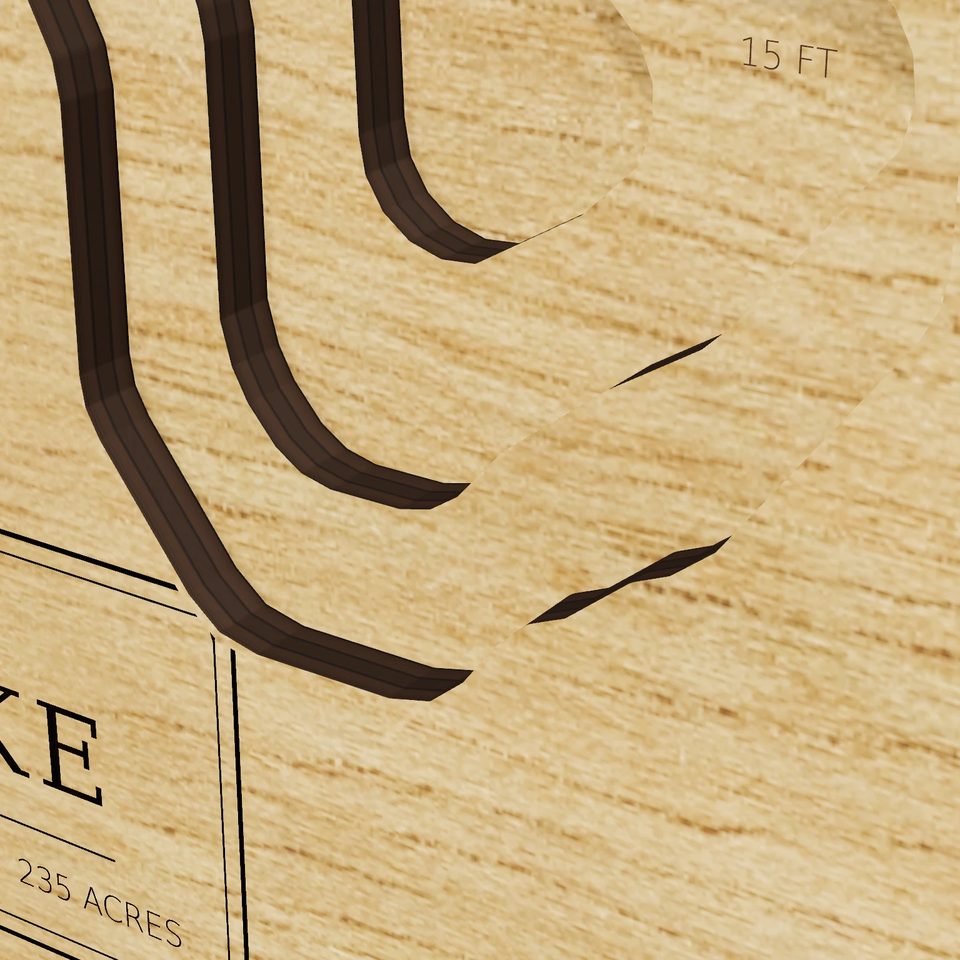 Peach Lake 3D wood map, detail view