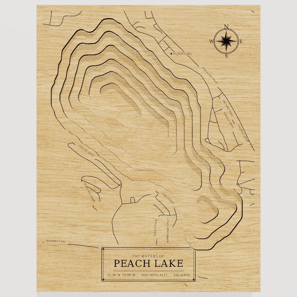 Peach Lake 3D wood map, front view