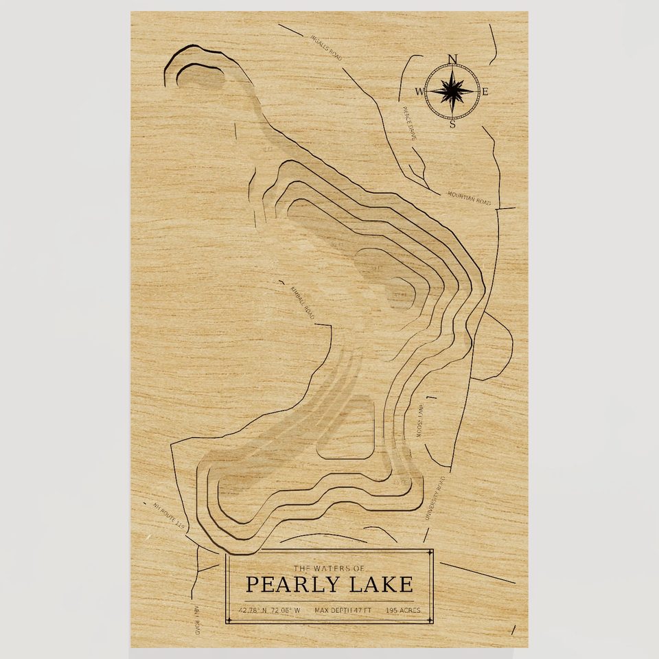 Pearly Lake 3D wood map, front view