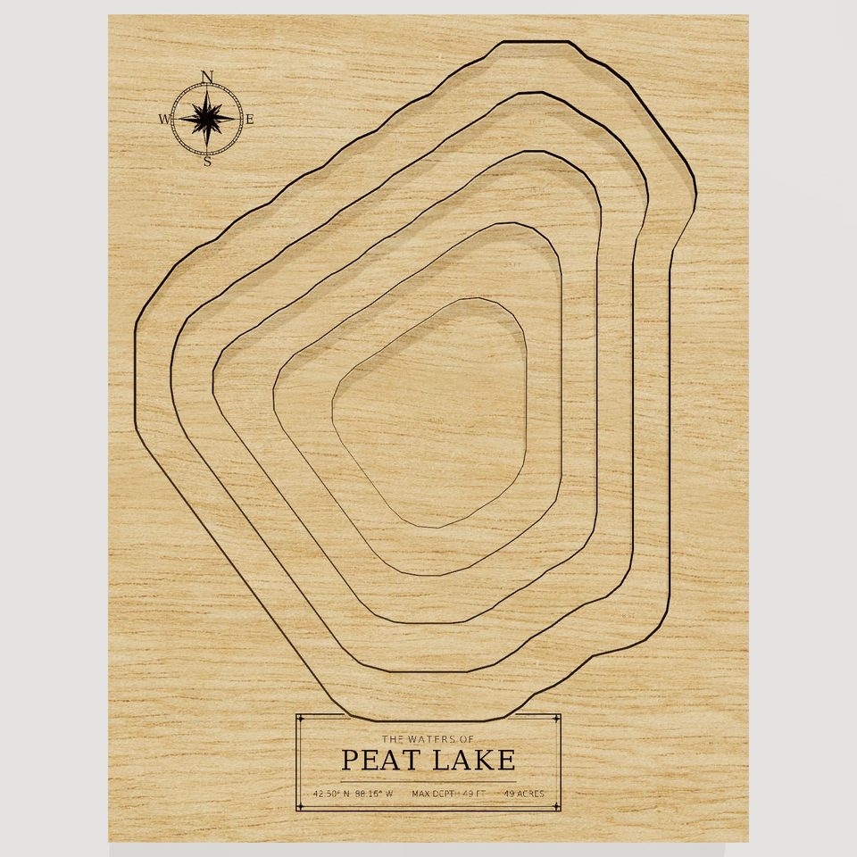 Peat Lake 3D wood map, front view