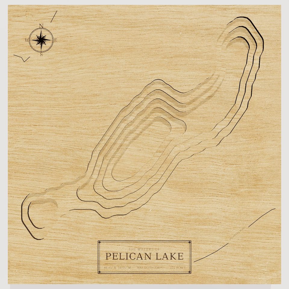 Pelican Lake 3D wood map, front view