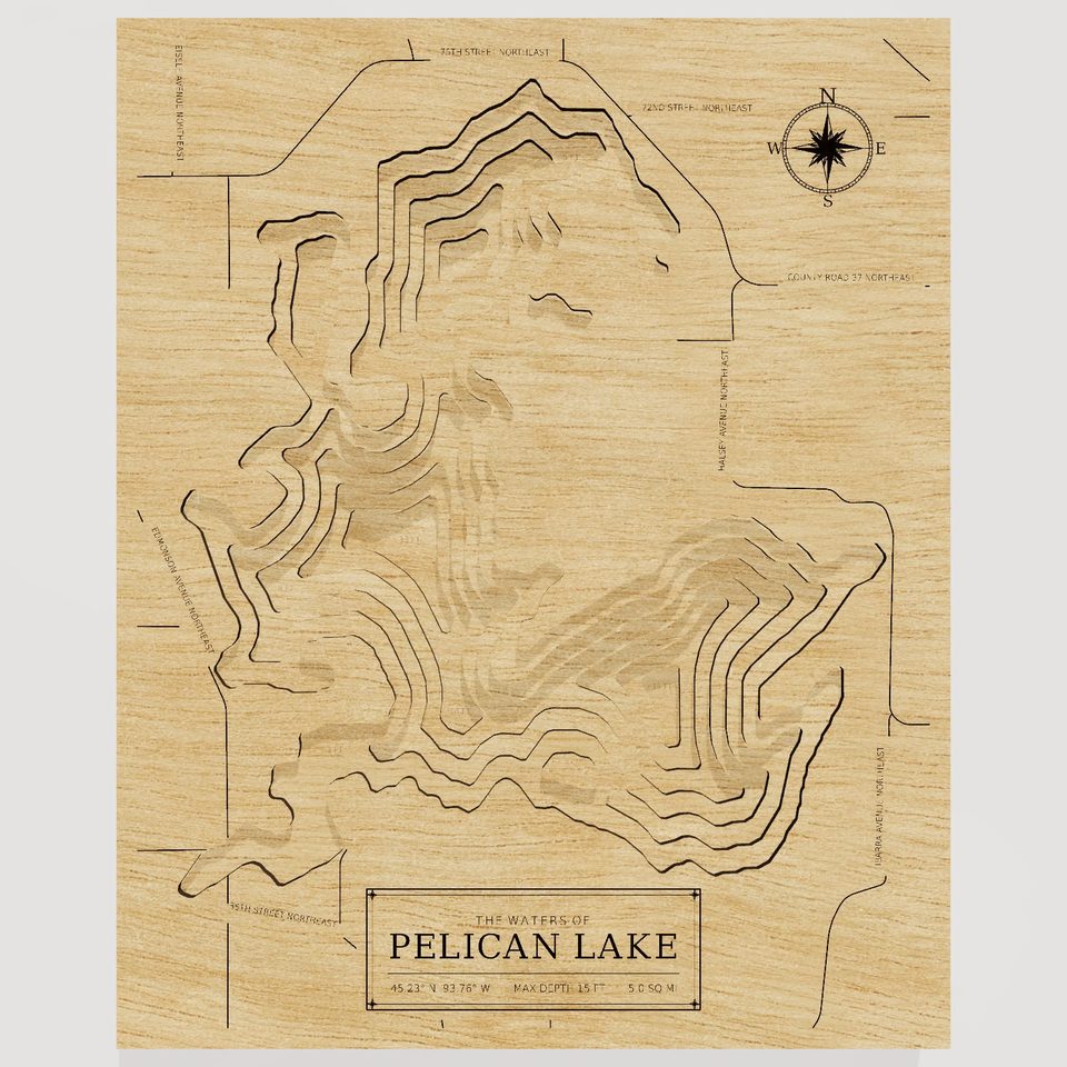 Pelican Lake 3D wood map, front view