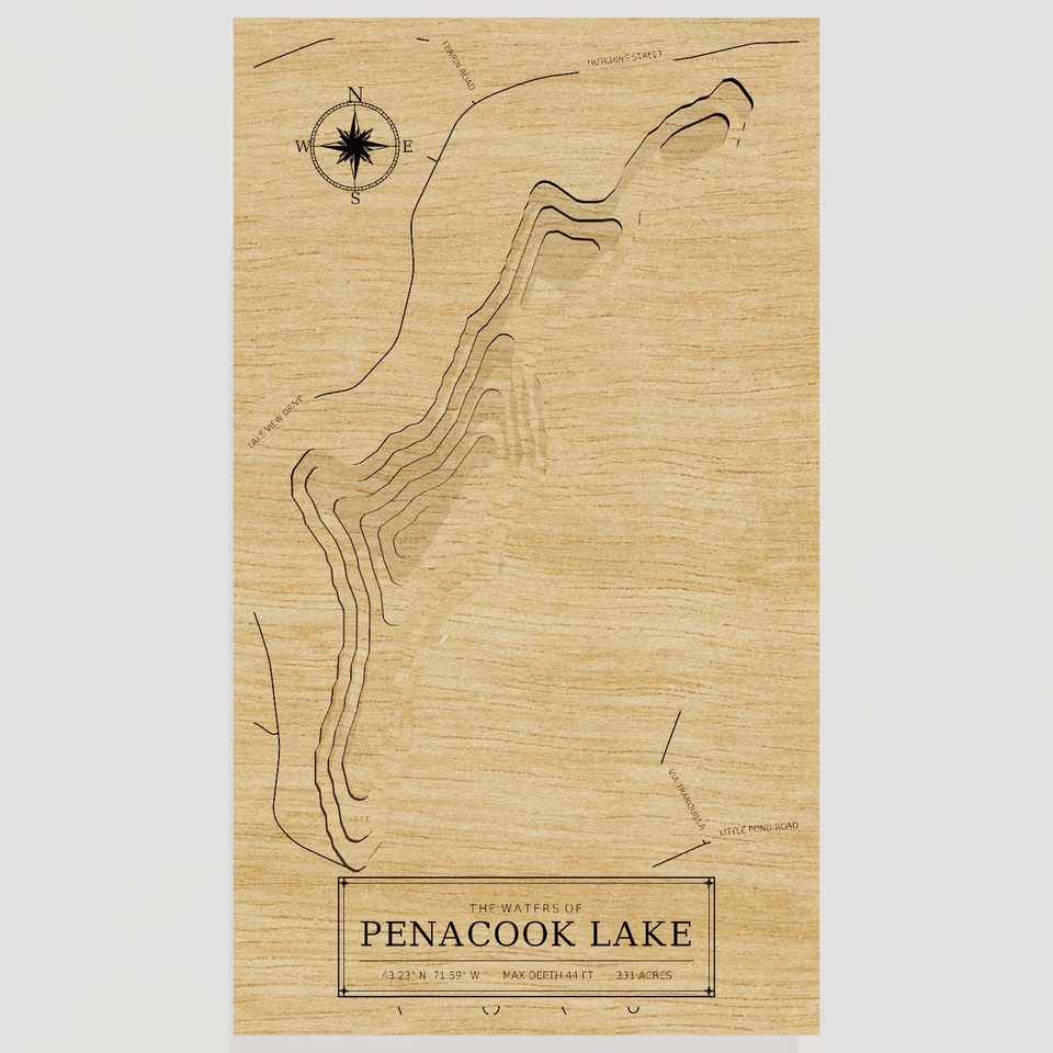 Penacook Lake 3D wood map, front view