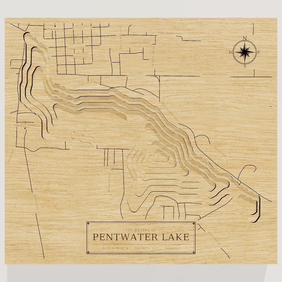 Pentwater Lake 3D wood map, front view