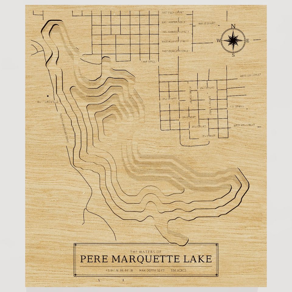 Pere Marquette Lake 3D wood map, front view