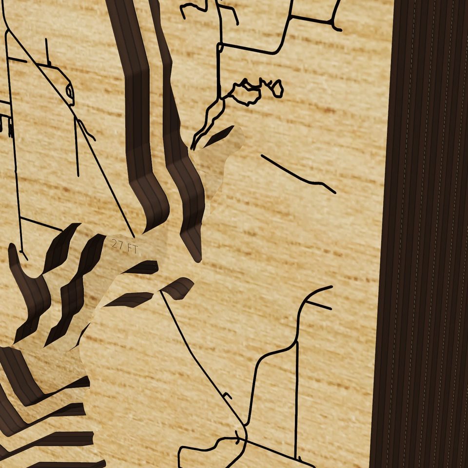 Perry Lake 3D wood map, detail view