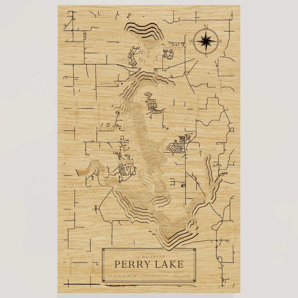Perry Lake 3D wood map, front view