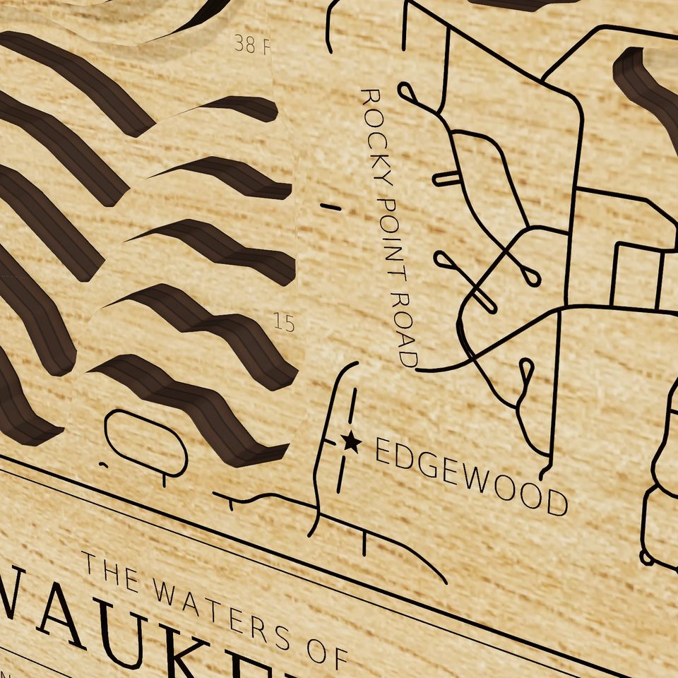 Pewaukee Lake 3D wood map, detail view