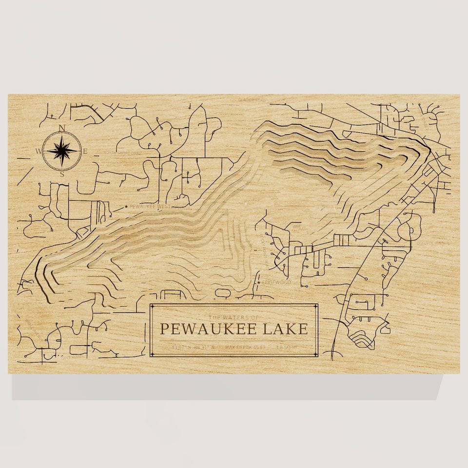 Pewaukee Lake 3D wood map, front view