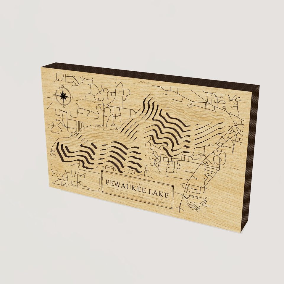 Pewaukee Lake 3D wood map, hero view