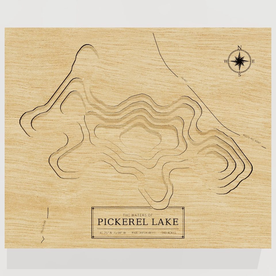 Pickerel Lake 3D wood map, front view