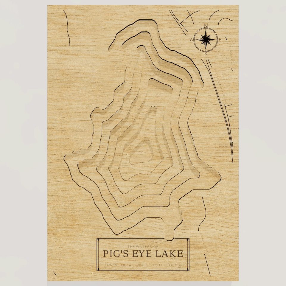 Pig's Eye Lake 3D wood map, front view