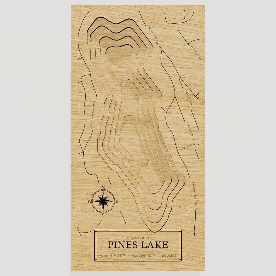 Pines Lake 3D wood map, front view