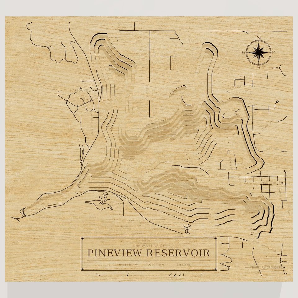 Pineview Reservoir 3D wood map, front view