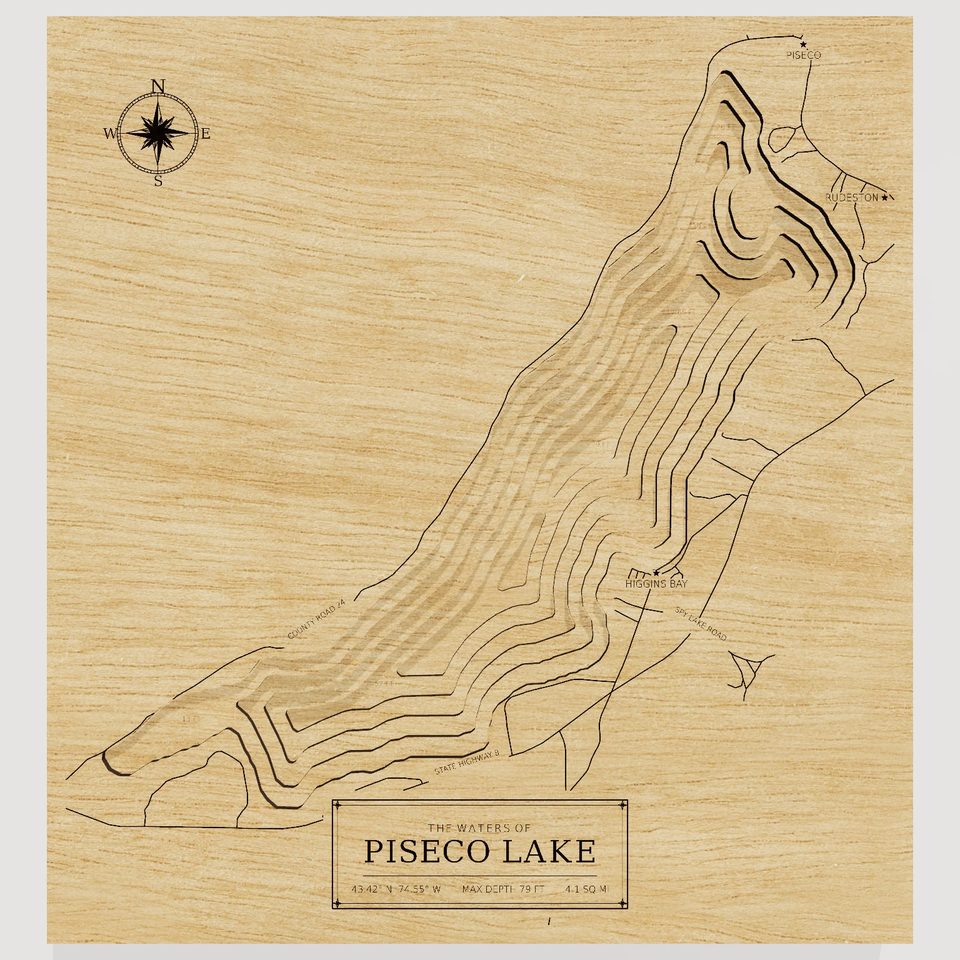 Piseco Lake 3D wood map, front view