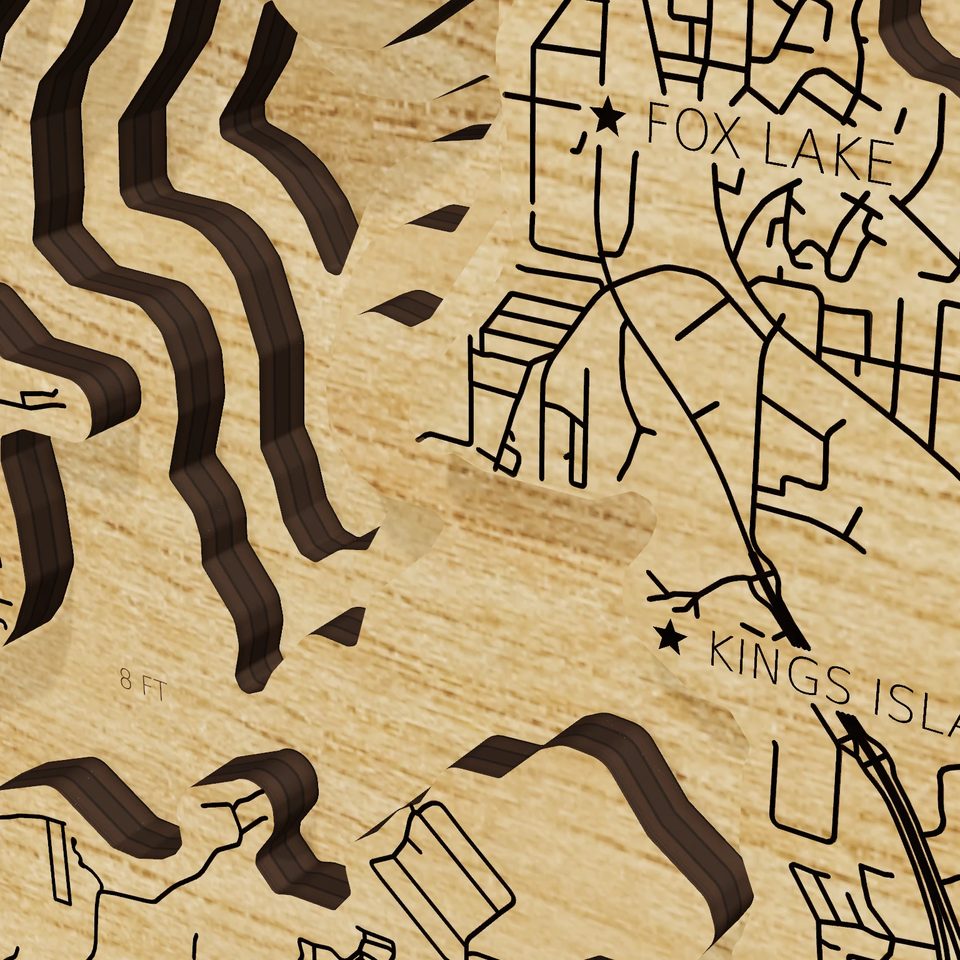 Pistakee Lake 3D wood map, detail view