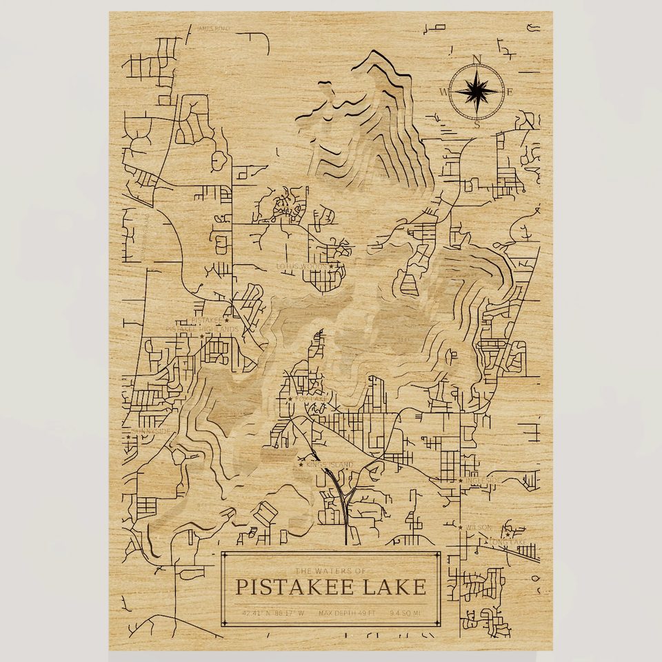 Pistakee Lake 3D wood map, front view
