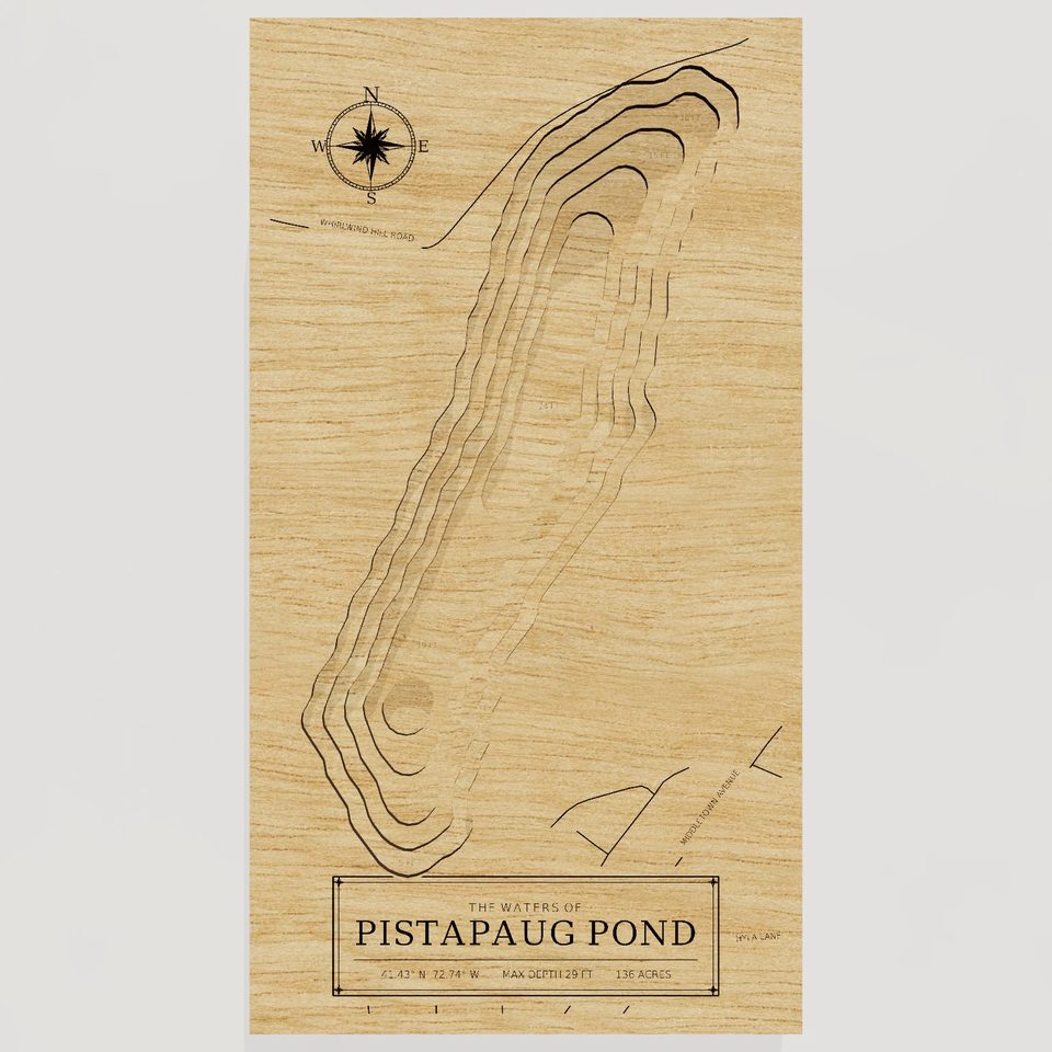 Pistapaug Pond 3D wood map, front view