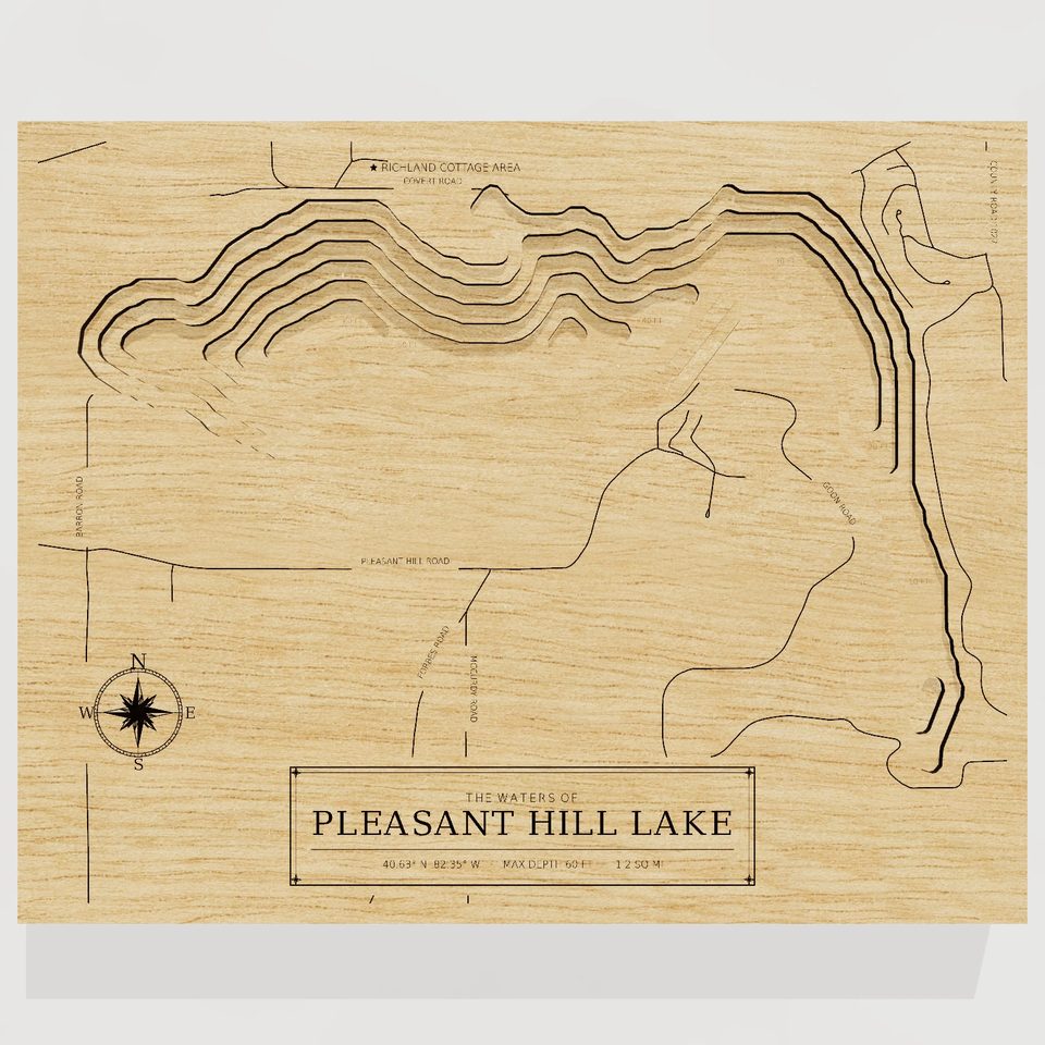 Pleasant Hill Lake 3D wood map, front view
