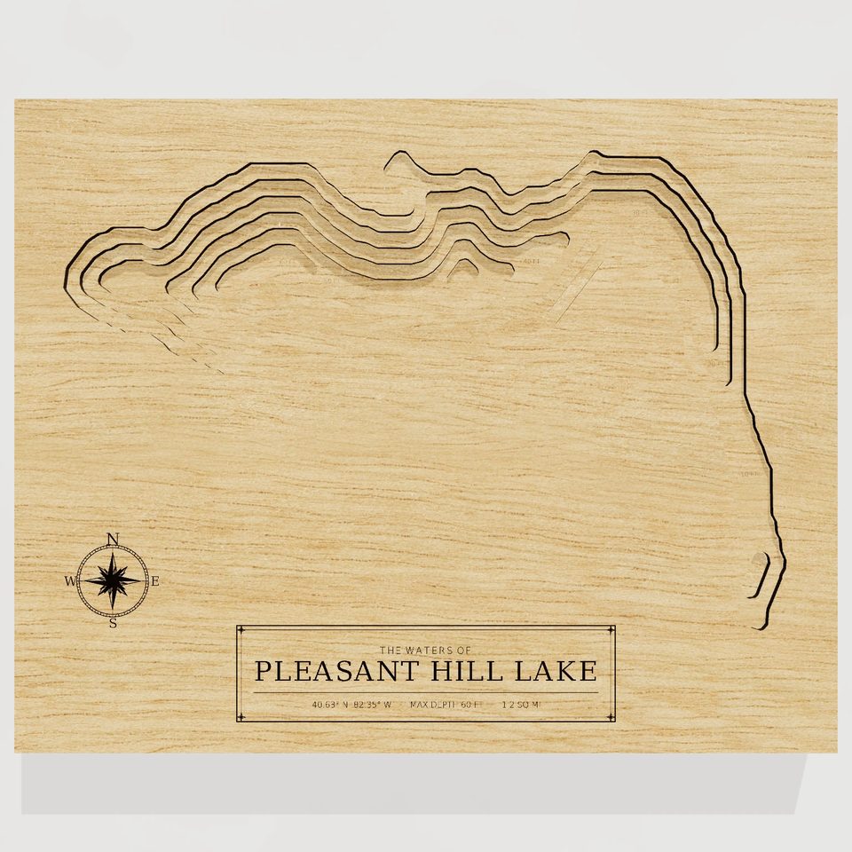 Pleasant Hill Lake 3D wood map, front view