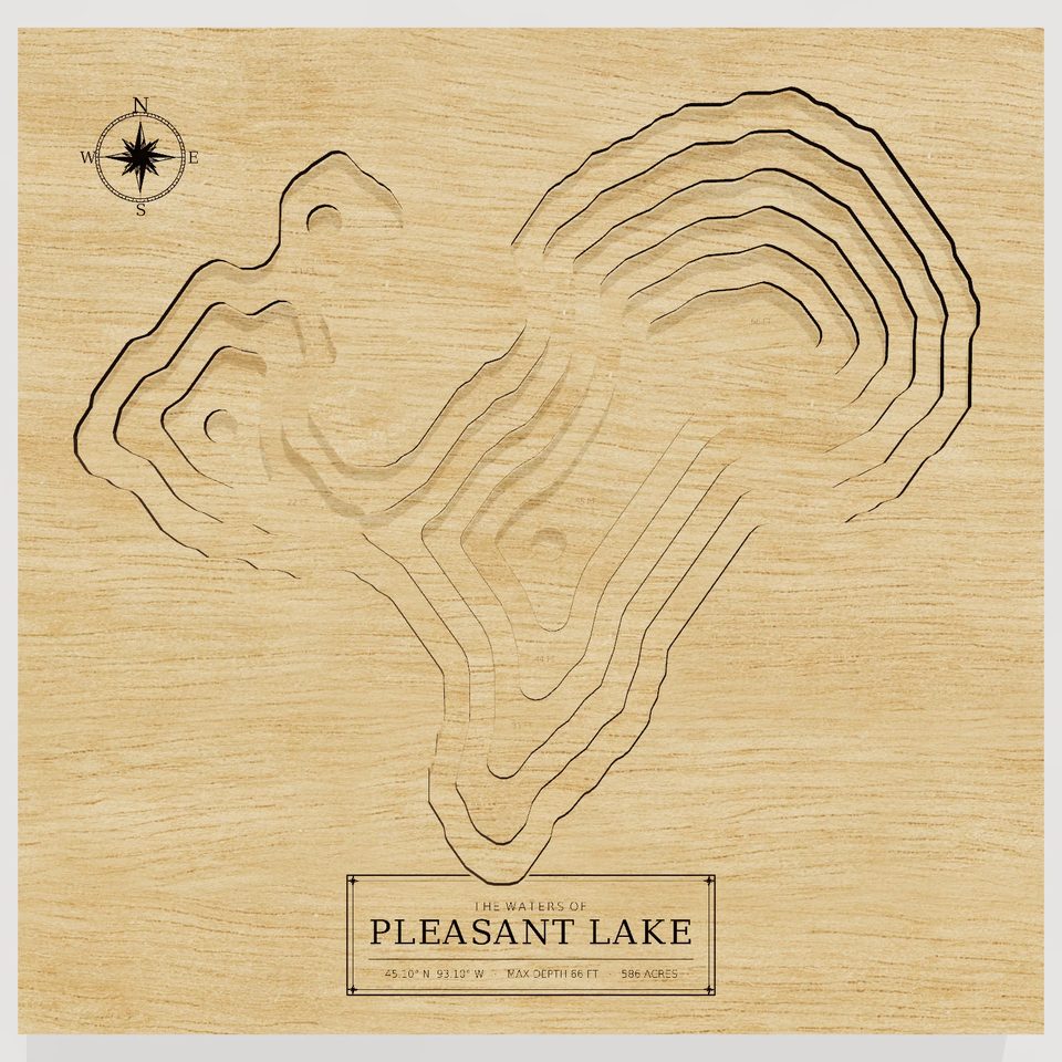 Pleasant Lake 3D wood map, front view