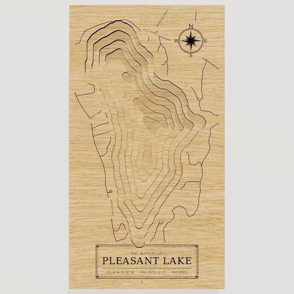 Pleasant Lake 3D wood map, front view