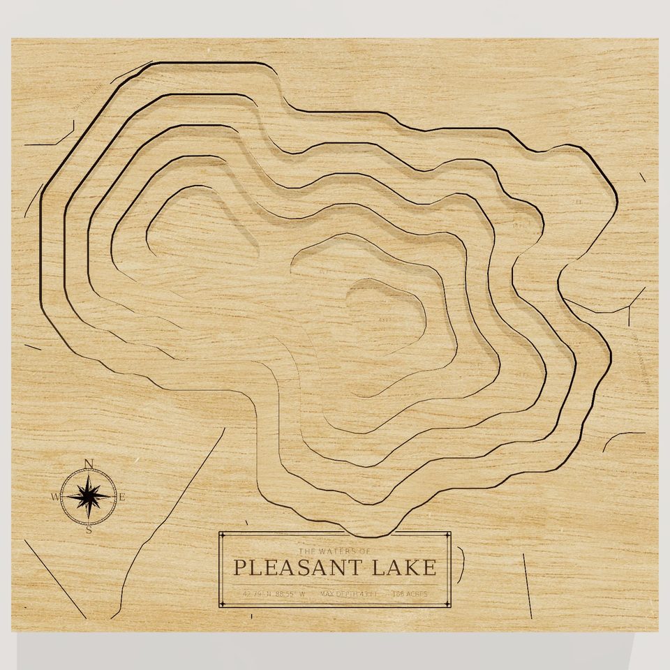 Pleasant Lake 3D wood map, front view