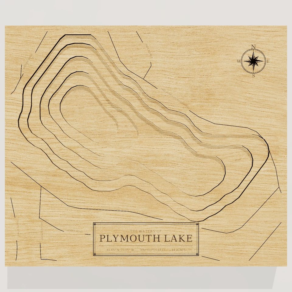 Plymouth Lake 3D wood map, front view