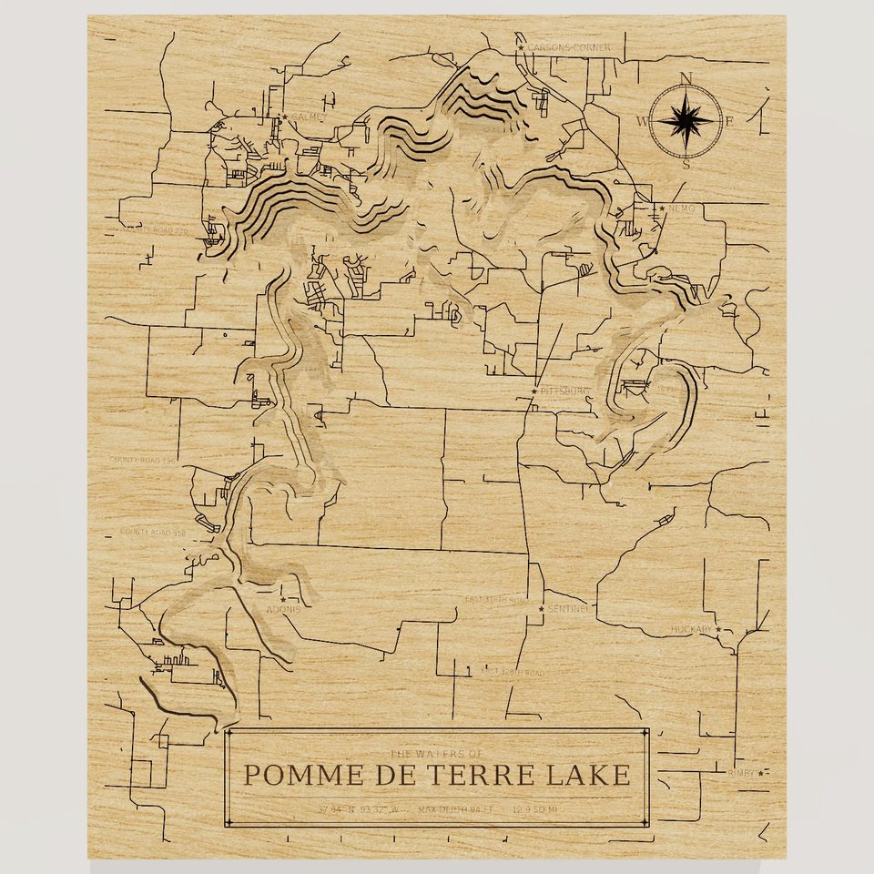 Pomme de Terre Lake 3D wood map, front view