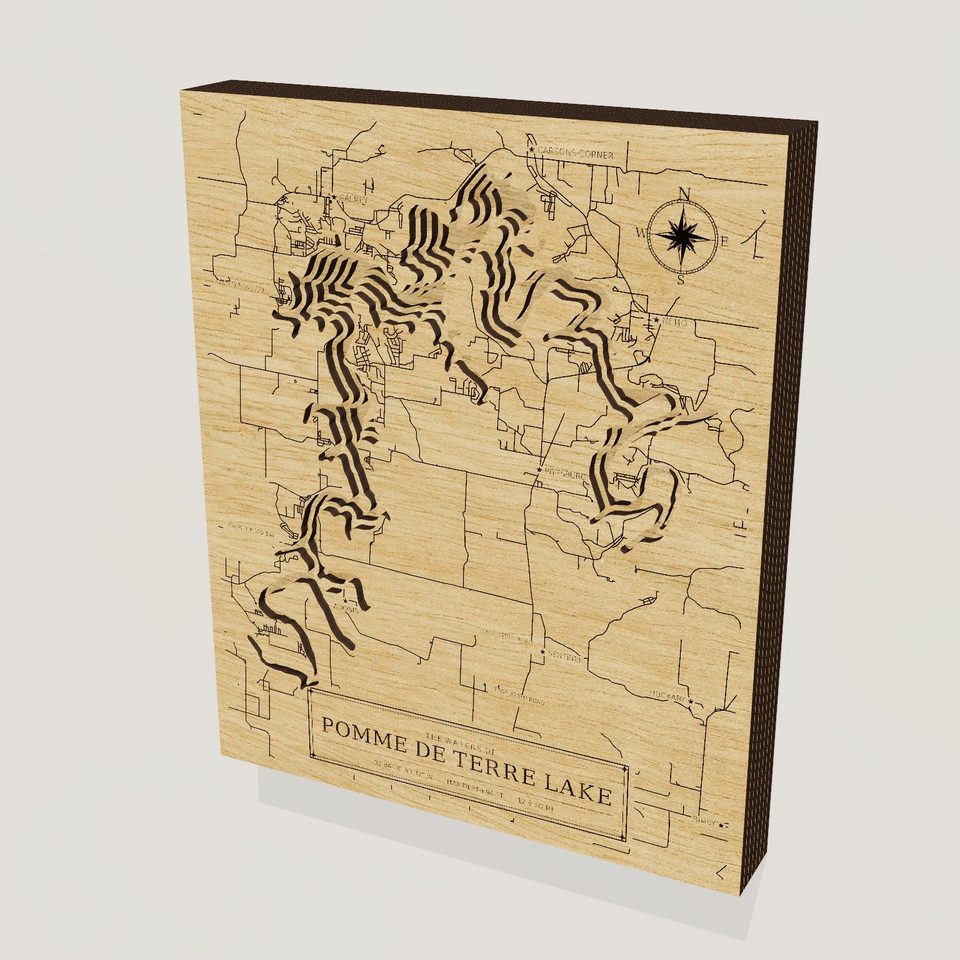Pomme de Terre Lake 3D wood map, hero view