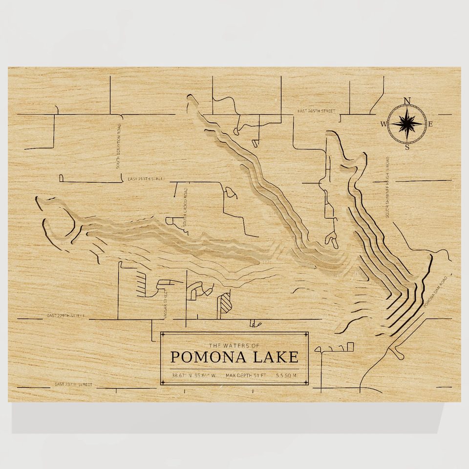 Pomona Lake 3D wood map, front view